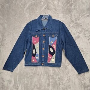 New Identity Womens M Blue Denim Jacket Patchwork Embroidered Cottagecore Unique